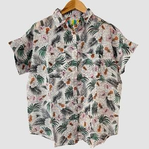 Surf Bazaar Floral Print Cotton Sheer Short Sleeve Button Down Gauze Shirt XS/S